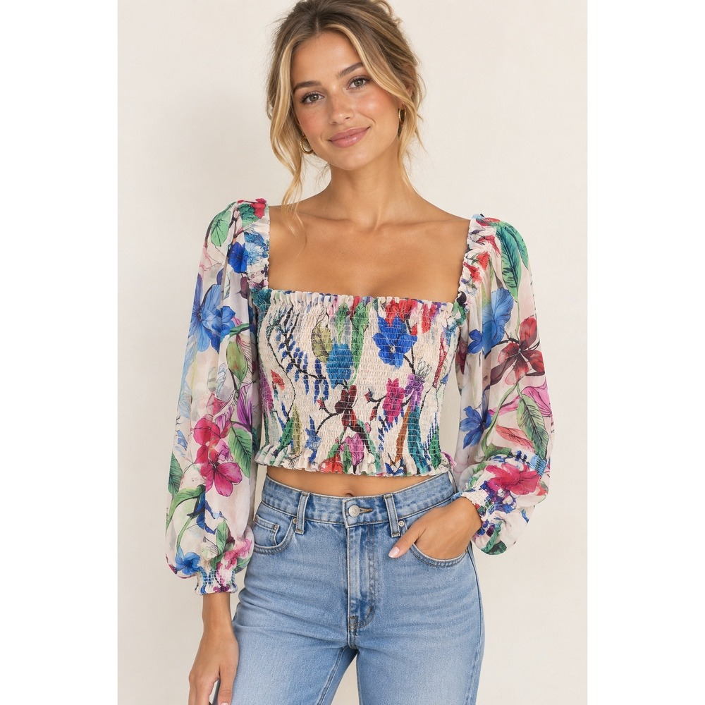 PatBO Floral Smocked Crop Top Puff Sleeve Square Neck Multicolor Size 6